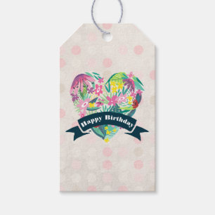 Étiquettes-cadeau Coeur floral mignon avec fleurs tropicales Anniver