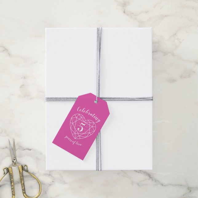 Étiquettes-cadeau Coeur tourmalin rose 5e anniversaire mariage (Avec de la ficelle)