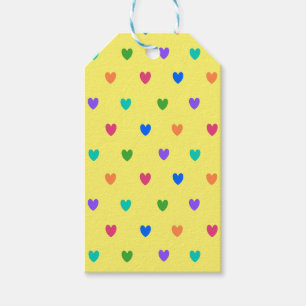 Étiquettes-cadeau Coeurs de polka arc-en-ciel sur jaune