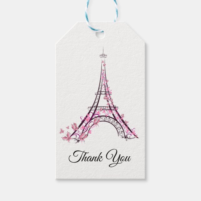 Étiquettes-cadeau Coeurs et papillons roses Paris Tour Eiffel (Devant)
