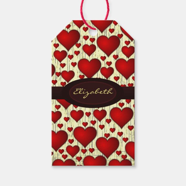 Étiquettes-cadeau Coeurs romantiques rouges brillants (Devant)