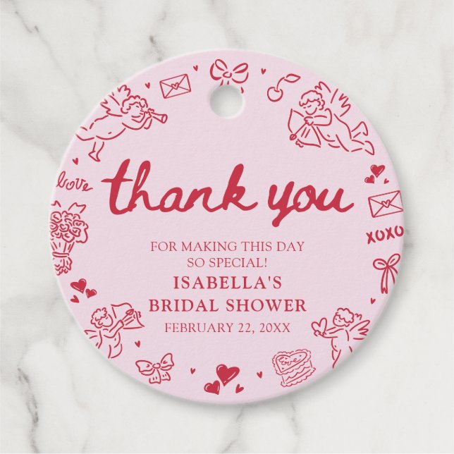 Étiquettes Cadeau Cœurs Roses Rouges Dessinés à la Main Saint Valent (Devant)