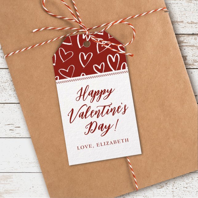 Étiquettes-cadeau Coeurs rouges blancs élégants Bonne Saint Valentin (A elegant and modern Valentine's Day gift tag. Personalize it with your name)