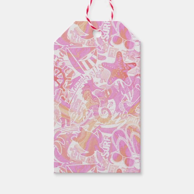 Étiquettes-cadeau Collage de plage nautique Hot Pink ID840 (Devant)