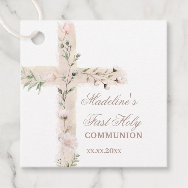 Étiquettes Cadeau communion de la première croix sainte florale (Devant)