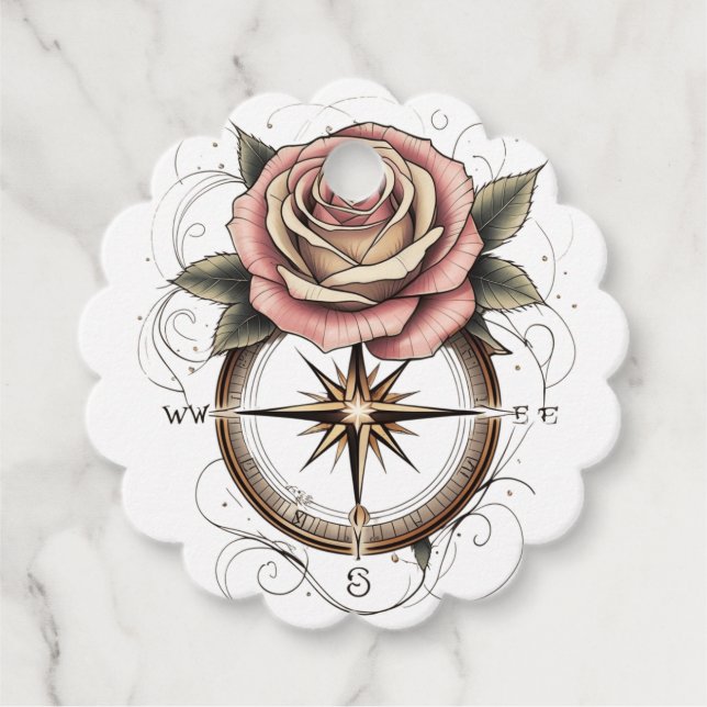 Étiquettes Cadeau Conception rose Boussole inspirée par le tatouage (Devant)