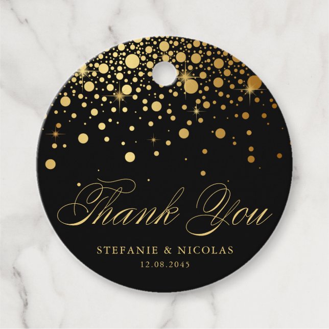 Étiquettes Cadeau Confetti Gold Foil Mariage noir Merci (Devant)