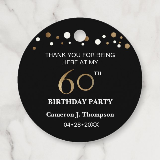 Étiquettes Cadeau Confetti Noir et Or 60e anniversaire (Dos)