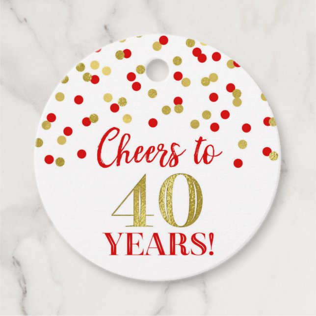 Étiquettes Cadeau Confetti rouge or 40 ans (Devant)