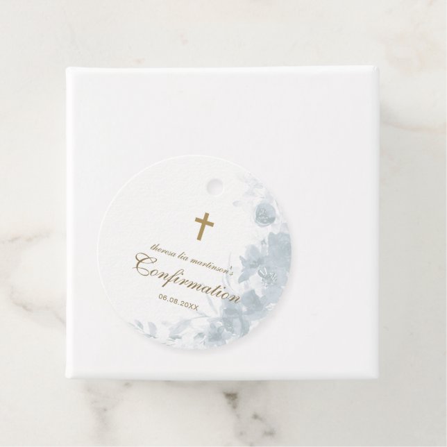 Étiquettes Cadeau Confirmation Aquarelle Bleue délicate Croix Floral (En situation)