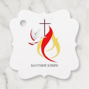 Étiquettes Cadeau Confirmation de feu de colombe rouge jaune tendanc