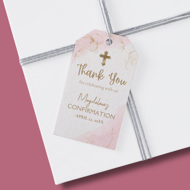 Étiquettes-cadeau Confirmation de la croix d'or Merci rose (Créateur téléchargé)