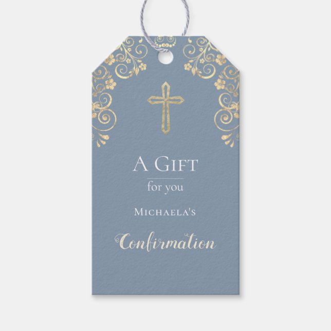 Étiquettes-cadeau Confirmation Dusty Blue Gold Cross (Devant)