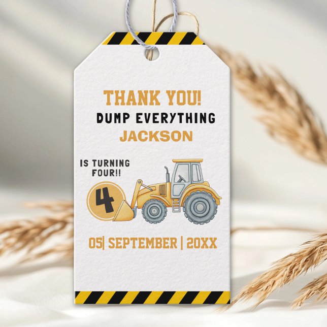 Étiquettes-cadeau Construction Birthday Boy 4 | Dump Truck (Créateur téléchargé)