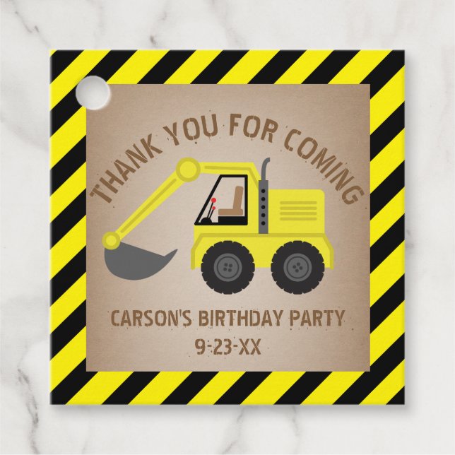 Étiquettes Cadeau Construction Jaune Excavateur Merci d'anniversaire (Devant)