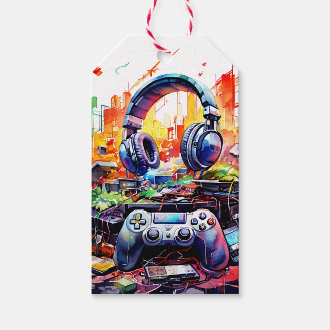 Étiquettes-cadeau Contrôleur vidéo et casques pour l'anniversaire du (Devant)