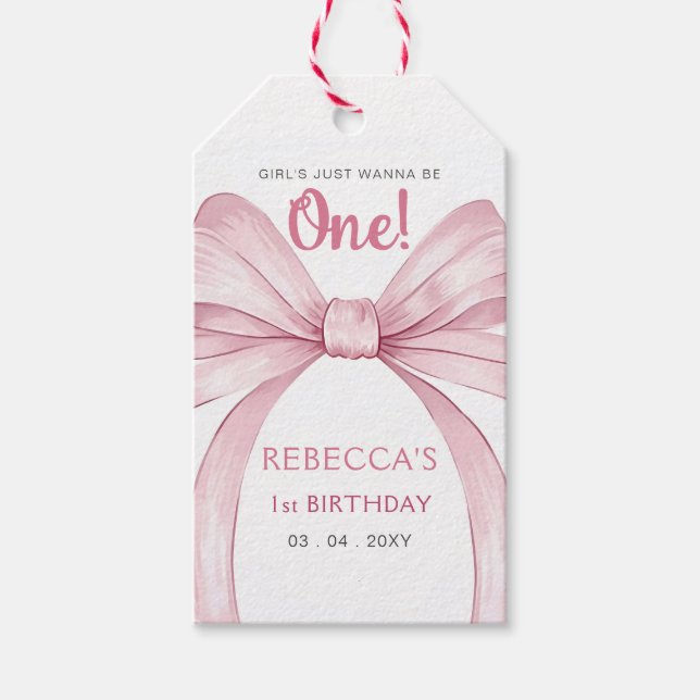 Étiquettes-cadeau Coquette Bow rose Premier anniversaire (Devant)