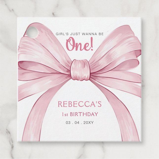 Étiquettes Cadeau Coquette Bow rose Premier anniversaire (Devant)