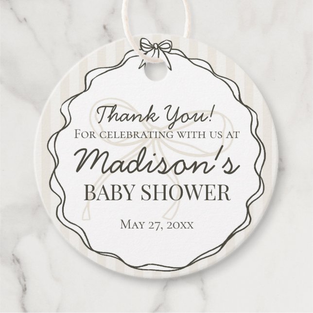 Étiquettes Cadeau Coquette noire Bow Beige Baby shower rayé (Devant)