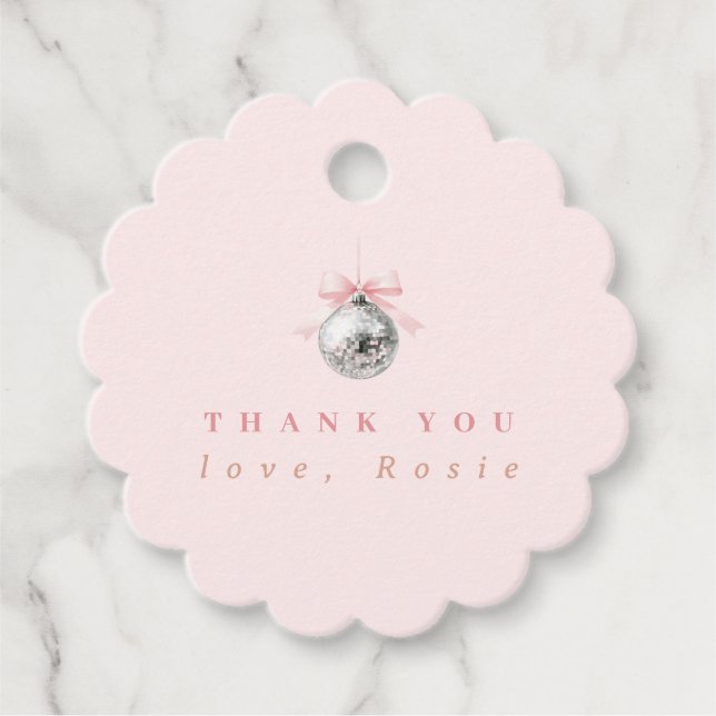 Étiquettes Cadeau Coquette personnalisée Disco Ball rose ruban (Devant)
