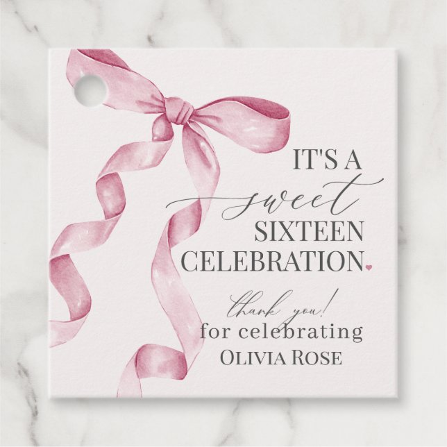 Étiquettes Cadeau Coquette Rose Bow Girl Sweet 16 Anniversaire (Devant)