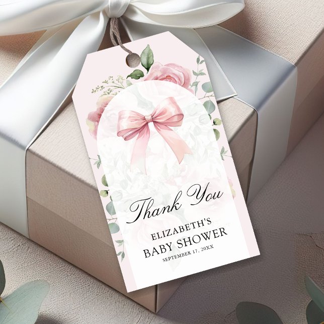 Étiquettes-cadeau Coquette rose Floral Bow Baby shower Merci (Créateur téléchargé)