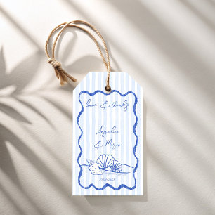 Étiquettes-cadeau Coquillages bleu ondulé bordé plage mariage faveur
