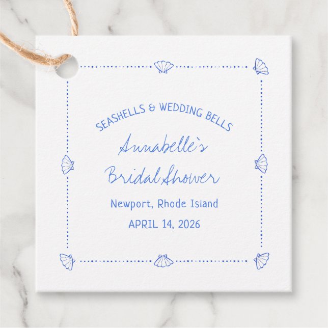 Étiquettes Cadeau Coquillages Dessinés à la Main & Cloches de Mariag (Devant)