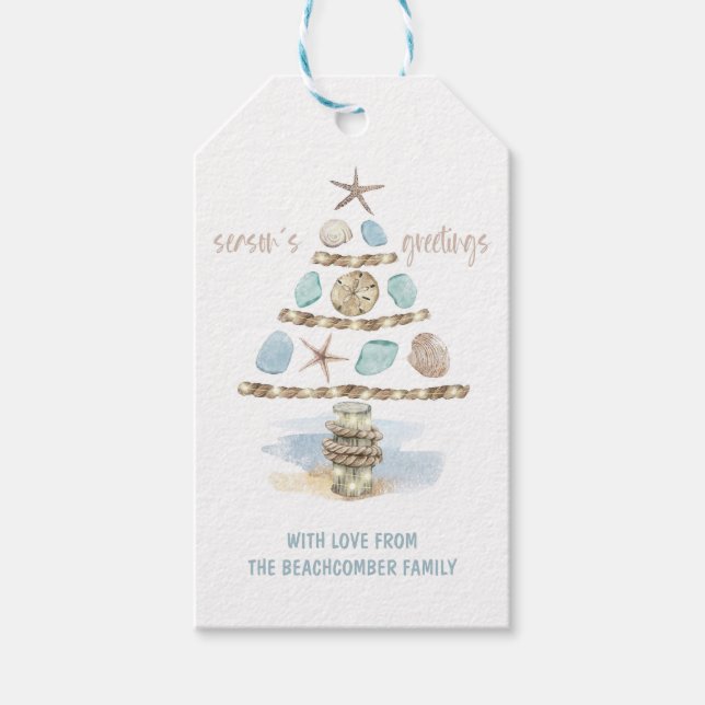 Étiquettes-cadeau Coquillages et verre marin | Arbre de Noël côtier (Devant)