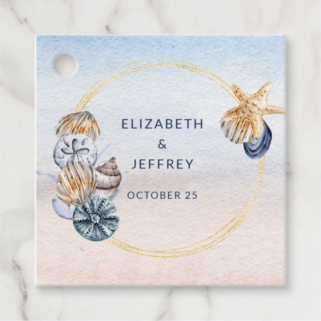Étiquettes Cadeau Coquillages Rustiques Océan Mer Été Mariage Plage (Devant)