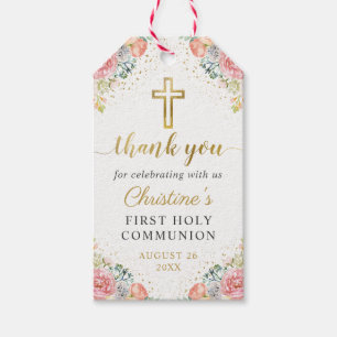 Étiquettes-cadeau Corail rose Floral Première Sainte Communion Merci