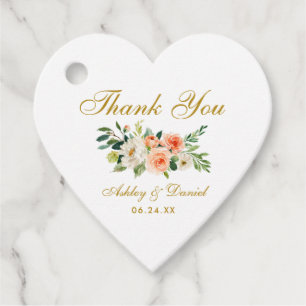 Étiquettes Cadeau Coral Blanc Floral Or Mariage Merci Coeur