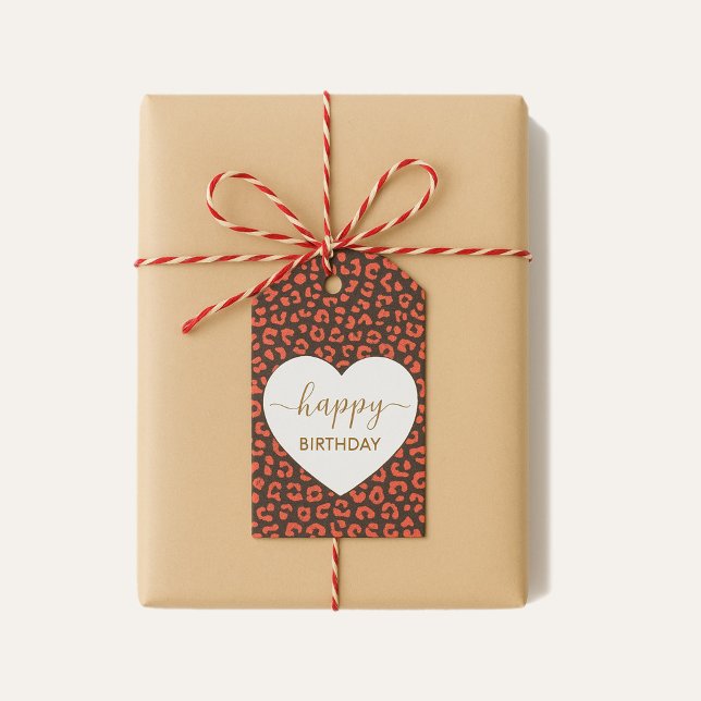 Étiquettes-cadeau Coral Brown Leopard Print Heart Happy Birthday  (Gift Tag)