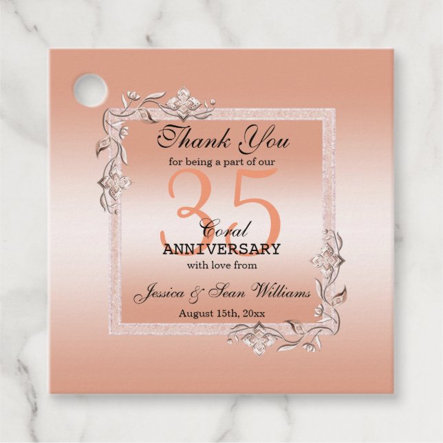 Étiquettes Cadeau Coral Gem & Parties scintillant 35e anniversaire d (Devant)