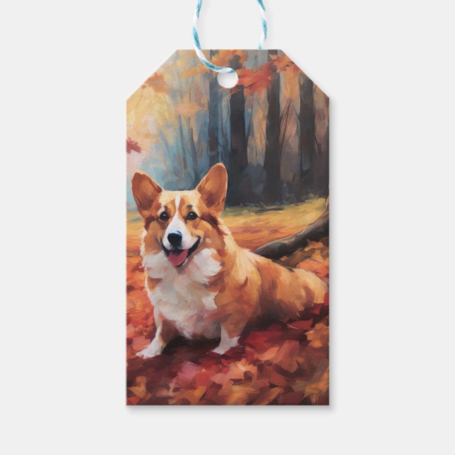 Étiquettes-cadeau Corgi dans les feuilles d'automne automne automne  (Devant)
