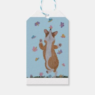 Étiquettes-cadeau Corgi gallois dansant avec des papillons