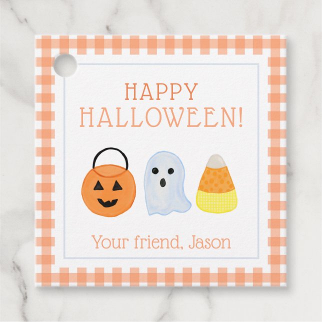 Étiquettes Cadeau Corn à bonbons, Fantôme Citrouille Halloween Trick (Devant)