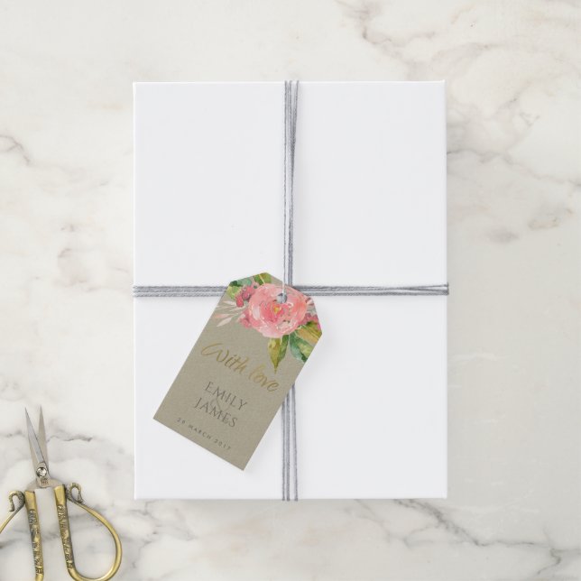 ÉTIQUETTES-CADEAU COULEUR D'EAU FLEURS ROSES VERT FOLIAGE MONOGRAM (Avec de la ficelle)