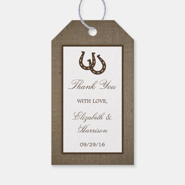 Étiquettes-cadeau Country Rustic Horseshoe Sur Burlap Mariage (Devant)