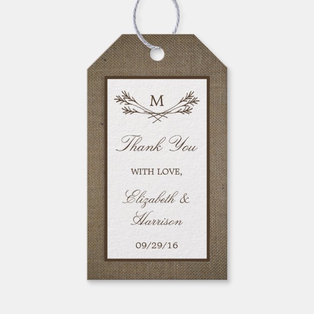 Étiquettes-cadeau Country Rustic Monogramme Branche & Mariage Burlap (Devant)