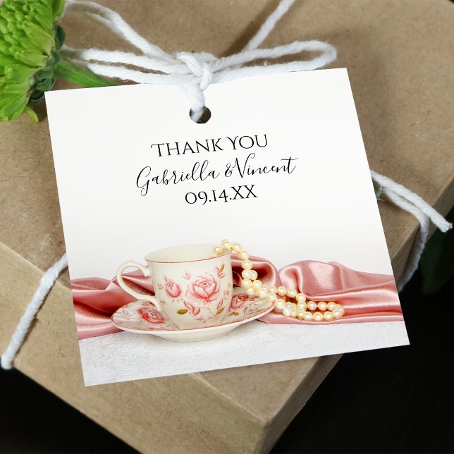 Étiquettes Cadeau Coupe de Thé Floral rose avec Merci Mariage perles (Créateur téléchargé)