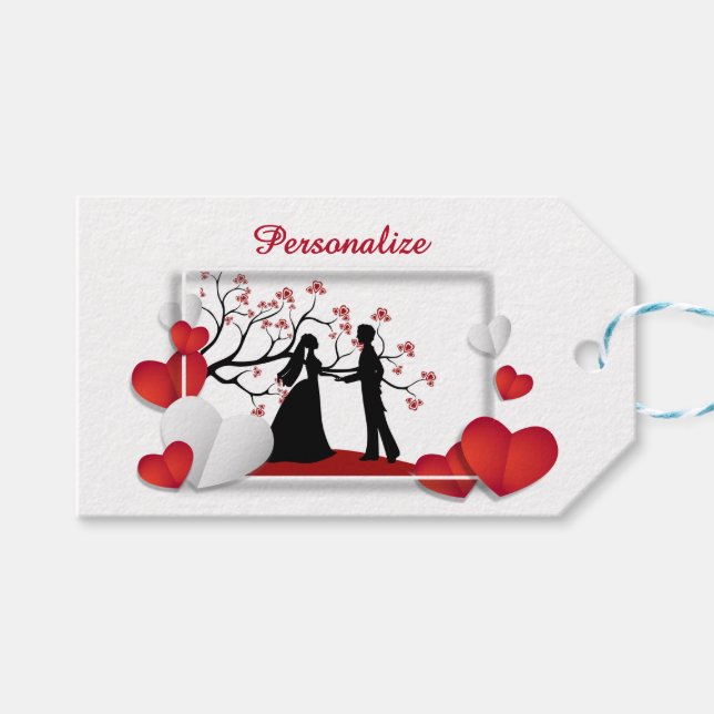 Étiquettes-cadeau Couple Romantique Silhouette Cœurs Rouges Personna (Devant (Horizontal))