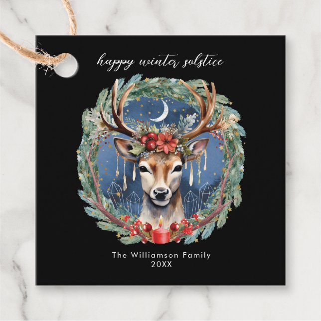 Étiquettes Cadeau Couronne de cerf de vacances du solstice d'hiver Y (Devant)