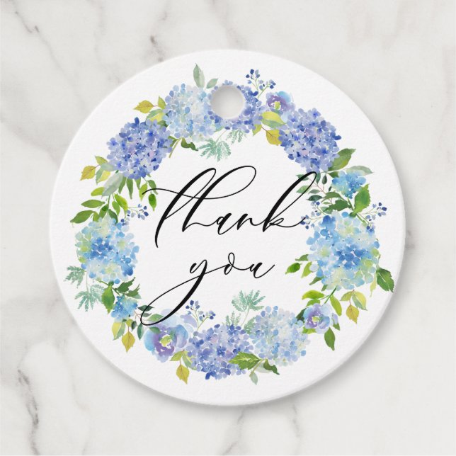 Étiquettes Cadeau Couronne de fleurs hydrangea bleu aquarelle Mariag (Devant)