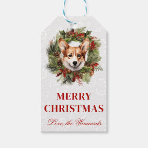 Étiquettes-cadeau Couronne de Noël au corgi aquarelle et hiver
