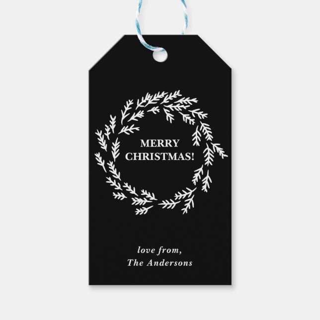 Étiquettes-cadeau Couronne de Noël noire et blanche Personnalisée (Devant)