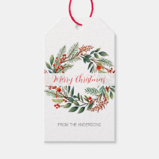 Étiquettes-cadeau Couronne de Noël personnalisée à l'aquarelle