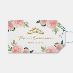 Étiquettes-cadeau Couronne de Quinceanera en or Tiare Fleur rose car