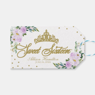 Étiquettes-cadeau Couronne dorée pour fête des 16 ans avec fleurs la