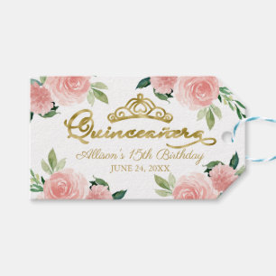Étiquettes-cadeau Couronne en or pour fête de Quinceanera Fleur rose